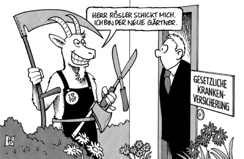 Cartoon: Röslers Personalentscheidung (medium) by Harm Bengen tagged gesundheitsminister,gesundheit,rösler,krank,krankheit,gesetzliche,private,krankenkassen,bock,gärtner,manager,klientel,filz,fdp