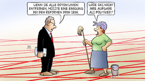 Cartoon: Rote Reformlinien (medium) by Harm Bengen tagged rote,linien,entfernen,einigung,reformen,putzfrau,reinigungskraft,politiker,harm,bengen,cartoon,karikatur,rote,linien,entfernen,einigung,reformen,putzfrau,reinigungskraft,politiker,harm,bengen,cartoon,karikatur