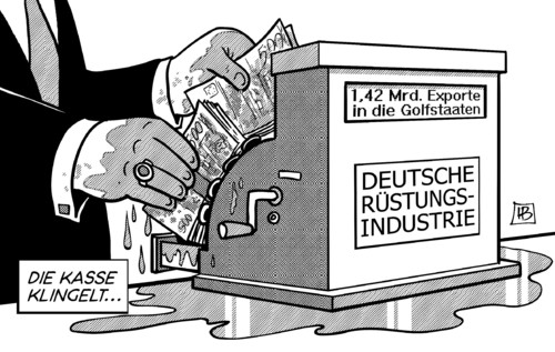 Cartoon: Rüstungs-Kasse (medium) by Harm Bengen tagged kasse,geld,blut,golfstaaten,waffen,saudiarabien,saudi,arabien,rüstungsexporte,waffenexporte,deutschland,panzer,gewehre,patrouillenboote,harm,bengen,cartoon,karikatur