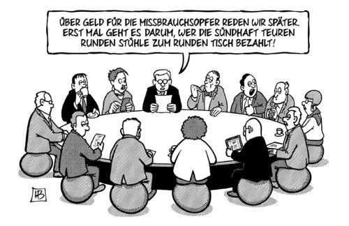 Cartoon: Runder Tisch Missbrauch (medium) by Harm Bengen tagged sexueller,missbrauchsopfer,missbrauch,runder,stuehle,tisch,bezahlen,geld,hilfe,canisius,odenwaldschule,harm,bengen,cartoon,karikatur