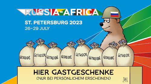 Cartoon: Russland-Afrika-Gipfel (medium) by Harm Bengen tagged sankt,petersburg,afrika,gipfel,gastgeschenke,bär,getreide,getreidesäcke,getreideabkommen,russland,ukraine,krieg,harm,bengen,cartoon,karikatur,sankt,petersburg,afrika,gipfel,gastgeschenke,bär,getreide,getreidesäcke,getreideabkommen,russland,ukraine,krieg,harm,bengen,cartoon,karikatur