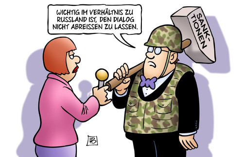 Cartoon: Russland-Dialog (medium) by Harm Bengen tagged russland,dialog,sanktionen,eu,europa,aussenminister,ukraine,militaer,krieg,drohung,kiew,separatisten,putin,steinmeier,hammer,uniform,helm,interview,harm,bengen,cartoon,karikatur,russland,dialog,sanktionen,eu,europa,aussenminister,ukraine,militaer,krieg,drohung,kiew,separatisten,putin,steinmeier,hammer,uniform,helm,interview,harm,bengen,cartoon,karikatur