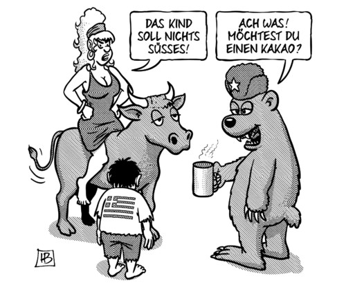 Cartoon: Russland-Kakao (medium) by Harm Bengen tagged kind,süsses,kakao,bär,europa,eu,stier,griechenland,russland,tsipras,besuch,schulden,geld,harm,bengen,cartoon,karikatur