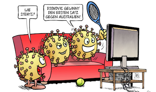 Cartoon: Satz an Djokovic (medium) by Harm Bengen tagged djokovic,gewinnt,ersten,satz,australien,tv,tennis,viren,corona,harm,bengen,cartoon,karikatur,djokovic,gewinnt,ersten,satz,australien,tv,tennis,viren,corona,harm,bengen,cartoon,karikatur