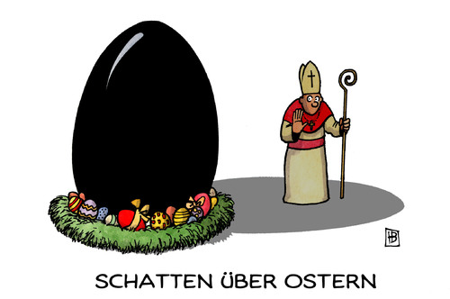 Cartoon: Schatten über Ostern (medium) by Harm Bengen tagged schatten,ostern,missbrauch,skandal,paedophil,pruegel,misshandlung,kinder,kirche,bischof,papst,vatikan,bischofsstab,petrusstab,katholisch,katholik,feiern,gottesdienst,nest,eier,geschenk,kindheit,kind,missbrauch,kirche,internat,heim,skandal,religion,kinder,sexueller missbrauch,misshandlung,gewalt,sexueller