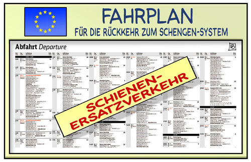 Cartoon: Schengen-Fahrplan (medium) by Harm Bengen tagged schengen,fahrplan,system,schienenersatzverkehr,bahn,eu,europa,harm,bengen,cartoon,karikatur,schengen,fahrplan,system,schienenersatzverkehr,bahn,eu,europa,harm,bengen,cartoon,karikatur