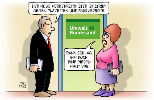 Cartoon: Scheuer gegen Plaketten (medium) by Harm Bengen tagged verkehrsminister,plaketten,fahrverbote,scheuer,diesel,maut,umweltbundesamt,harm,bengen,cartoon,karikatur,verkehrsminister,plaketten,fahrverbote,scheuer,diesel,maut,umweltbundesamt,harm,bengen,cartoon,karikatur