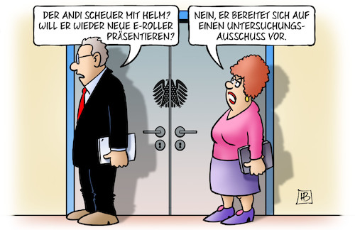 Cartoon: Scheuer mit Helm (medium) by Harm Bengen tagged scheuer,helm,eroller,escooter,untersuchungsausschuss,pkw,maut,verkehrsminister,kosten,bundestag,harm,bengen,cartoon,karikatur,scheuer,helm,eroller,escooter,untersuchungsausschuss,pkw,maut,verkehrsminister,kosten,bundestag,harm,bengen,cartoon,karikatur