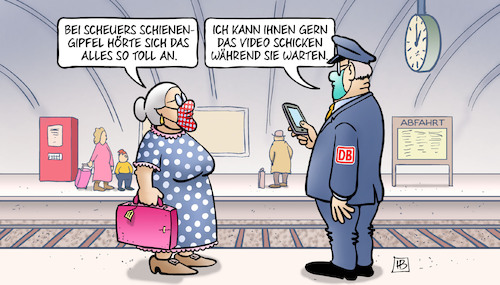 Cartoon: Schienengipfel-Video (medium) by Harm Bengen tagged scheuer,verkehrsminister,schienengipfel,video,warten,bahn,bahnhof,bahnsteig,susemil,schaffner,handy,masken,harm,bengen,cartoon,karikatur,scheuer,verkehrsminister,schienengipfel,video,warten,bahn,bahnhof,bahnsteig,susemil,schaffner,handy,masken,harm,bengen,cartoon,karikatur