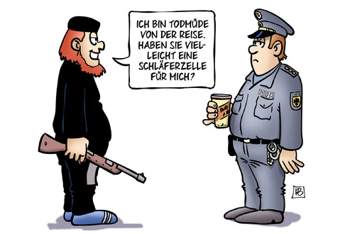 Cartoon: Schläferzelle (medium) by Harm Bengen tagged schläferzelle,todmüde,reise,flucht,flüchtling,islamist,terrorist,polizei,polizist,harm,bengen,cartoon,karikatur,schläferzelle,todmüde,reise,flucht,flüchtling,islamist,terrorist,polizei,polizist,harm,bengen,cartoon,karikatur