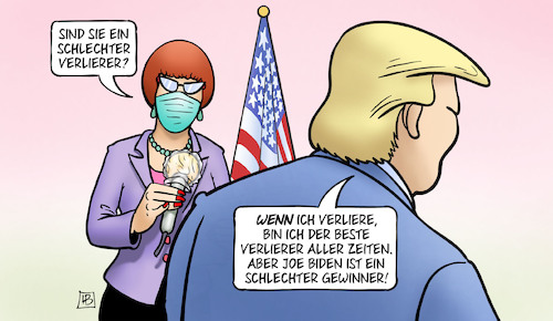 Cartoon: Schlechter Verlierer (medium) by Harm Bengen tagged beste,verlierer,aller,zeiten,schlechter,gewinner,interview,maske,usa,wahl,trump,biden,harm,bengen,cartoon,karikatur,beste,verlierer,aller,zeiten,schlechter,gewinner,interview,maske,usa,wahl,trump,biden,harm,bengen,cartoon,karikatur