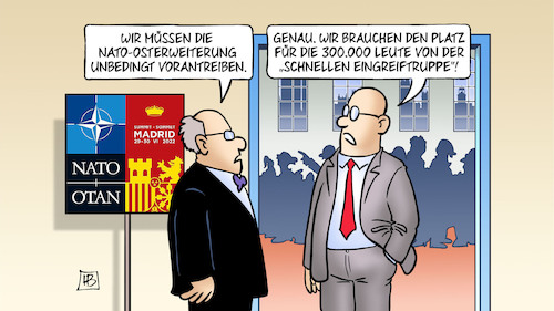 Cartoon: Schnelle Eingreiftruppe (medium) by Harm Bengen tagged schnelle,eingreiftruppe,nato,osterweiterung,aufrüstung,platz,gipfel,madrid,krieg,ukraine,russland,harm,bengen,cartoon,karikatur,schnelle,eingreiftruppe,nato,osterweiterung,aufrüstung,platz,gipfel,madrid,krieg,ukaine,russland,harm,bengen,cartoon,karikatur