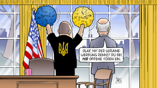 Cartoon: Scholz-Ukraine-Werbung (medium) by Harm Bengen tagged olaf,scholz,ukraine,werbung,cheerleader,pompoms,usa,besuch,oval,office,harm,bengen,cartoon,karikatur,olaf,scholz,ukraine,werbung,cheerleader,pompoms,usa,besuch,oval,office,harm,bengen,cartoon,karikatur