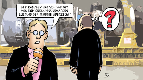 Cartoon: Scholz und Turbine (medium) by Harm Bengen tagged kanzler,scholz,reporter,siemens,turbine,gaslieferung,gazprom,fragezeichen,krieg,ukraine,russland,harm,bengen,cartoon,karikatur,kanzler,scholz,reporter,siemens,turbine,gaslieferung,gazprom,fragezeichen,krieg,ukraine,russland,harm,bengen,cartoon,karikatur