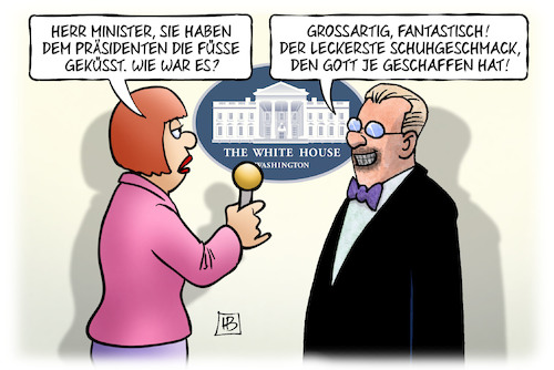 Cartoon: Schuhgeschmack (medium) by Harm Bengen tagged minister,usa,regierung,trump,präsident,füsse,küssen,grossartig,fantastisch,schleimer,lobhudeln,schuhgeschmack,gott,interview,white,house,weisses,haus,harm,bengen,cartoon,karikatur,minister,usa,regierung,trump,präsident,füsse,küssen,grossartig,fantastisch,schleimer,lobhudeln,schuhgeschmack,gott,interview,white,house,weisses,haus,harm,bengen,cartoon,karikatur