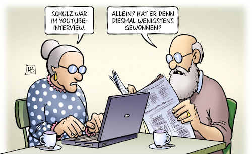 Cartoon: Schulz bei Youtube (medium) by Harm Bengen tagged schulz,youtube,interview,gewonnen,spd,susemil,tv,duell,merkel,bundestagswahl,harm,bengen,cartoon,karikatur,schulz,youtube,interview,gewonnen,spd,susemil,tv,duell,merkel,bundestagswahl,harm,bengen,cartoon,karikatur