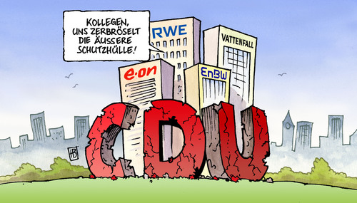 Cartoon: Schutzhülle (medium) by Harm Bengen tagged japan,atom,kernkraft,atomkraft,akw,energie,merkel,röttgen,mappus,cdu,csu,schutzhülle,eon,enbw,vattenfall,rwe,energiekonzerne,laufzeitverlängerung,moratorium,japan,atom,kernkraft,atomkraft,akw,angela merkel,röttgen,mappus,bahnhof,aufspringen,laufzeitverlängerung,rennen,angela,merkel,fukushima,cdu