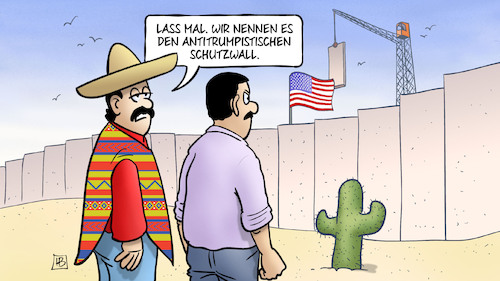 Cartoon: Schutzwall (medium) by Harm Bengen tagged antitrumpistischer,schutzwall,mauer,wall,mexiko,mexico,trump,usa,harm,bengen,cartoon,karikatur,antitrumpistischer,schutzwall,mauer,wall,mexiko,mexico,trump,usa,harm,bengen,cartoon,karikatur