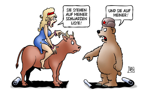 Cartoon: Schwarze Listen (medium) by Harm Bengen tagged schwarze,schwarz,listen,liste,sanktionen,einreiseverbot,russland,eu,europa,stier,bär,harm,bengen,cartoon,karikatur,schwarze,schwarz,listen,liste,sanktionen,einreiseverbot,russland,eu,europa,stier,bär,harm,bengen,cartoon,karikatur