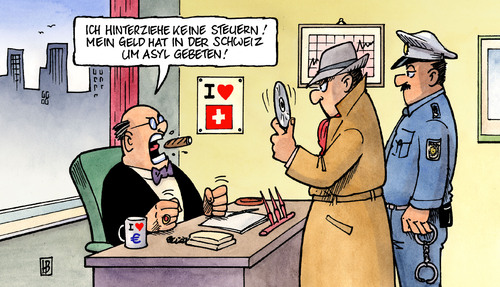 Cartoon: Schweizer Asyl (medium) by Harm Bengen tagged schweiz,asyl,steuer,steuerhinterziehung,steuerfahndung,betrug,datenankauf,cd,finanzminister,schäuble,merkel,geld,zigarre,kapitalist,unternehmer,polizist,festnahme,schweiz,asyl,steuer,steuerhinterziehung,steuerfahndung,betrug,datenankauf,cd,finanzminister,schäuble,merkel,zigarre,geld,kapitalist,polizist,festnahme