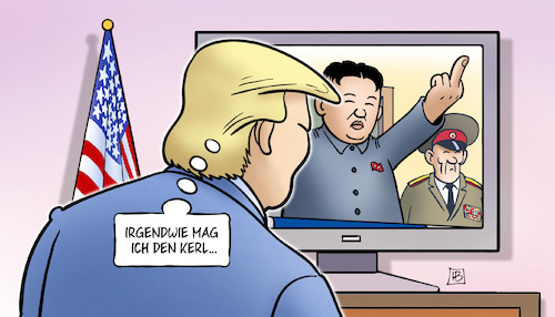 Cartoon: Seelenverwandte (medium) by Harm Bengen tagged trump,kim,jong,un,usa,nordkorea,krieg,drohungen,raketen,tv,harm,bengen,cartoon,karikatur,trump,kim,jong,un,usa,nordkorea,krieg,drohungen,raketen,tv,harm,bengen,cartoon,karikatur