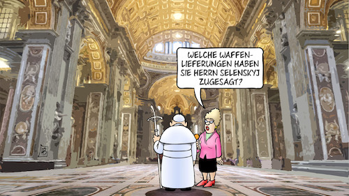 Cartoon: Selenskyj beim Papst (medium) by Harm Bengen tagged waffenlieferungen,selenskyj,besuch,papst,interview,petersdom,russland,ukraine,krieg,harm,bengen,cartoon,karikatur,waffenlieferungen,selenskyj,besuch,papst,interview,petersdom,russland,ukraine,krieg,harm,bengen,cartoon,karikatur