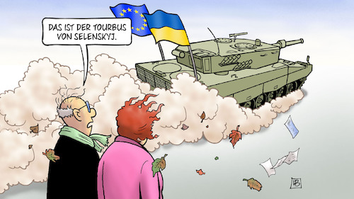 Cartoon: Selenskyjs Europatour (medium) by Harm Bengen tagged tourbus,selenskyj,europatour,panzer,brüssel,gb,uk,krieg,ukraine,russland,harm,bengen,cartoon,karikatur,tourbus,selenskyj,europatour,panzer,brüssel,gb,uk,krieg,ukraine,russland,harm,bengen,cartoon,karikatur