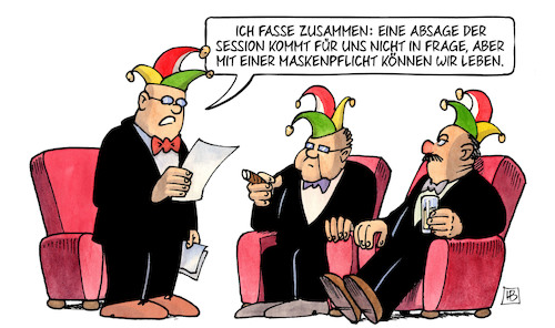 Cartoon: Session 2020-21 (medium) by Harm Bengen tagged absage,session,maskenpflicht,karneval,fasching,corona,harm,bengen,cartoon,karikatur,absage,session,maskenpflicht,karneval,fasching,corona,harm,bengen,cartoon,karikatur