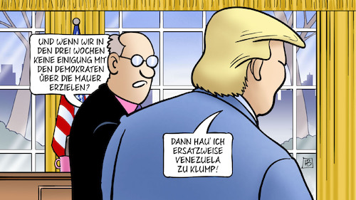 Cartoon: Shutdown-Pause (medium) by Harm Bengen tagged shutdown,pause,drei,wochen,einigung,demokraten,mauer,venezuela,klump,trump,oval,office,harm,bengen,cartoon,karikatur,shutdown,pause,drei,wochen,einigung,demokraten,mauer,venezuela,klump,trump,oval,office,harm,bengen,cartoon,karikatur