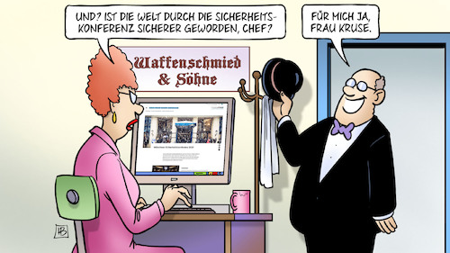 Cartoon: Siko macht sicher (medium) by Harm Bengen tagged siko,sicherheitskonferenz,münchen,rüstungsindustrie,waffenschmied,chef,sekretaerin,harm,bengen,cartoon,karikatur,siko,sicherheitskonferenz,münchen,rüstungsindustrie,waffenschmied,chef,sekretaerin,harm,bengen,cartoon,karikatur