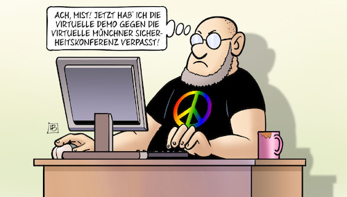 Cartoon: Siko virtuell (medium) by Harm Bengen tagged virtuelle,demonstration,münchner,münchen,sicherheitskonferenz,verpasst,computer,corona,peace,frieden,siko,harm,bengen,cartoon,karikatur,virtuelle,demonstration,münchner,münchen,sicherheitskonferenz,verpasst,computer,corona,peace,frieden,siko,harm,bengen,cartoon,karikatur