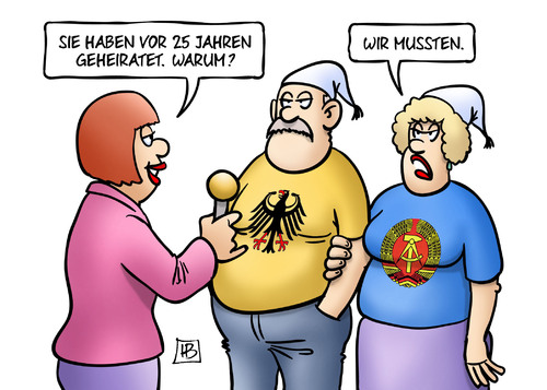 Cartoon: Silberhochzeit BRD-DDR (medium) by Harm Bengen tagged 25,jahre,silberhochzeit,jubiläum,deutschland,deutsche,einheit,wiedervereinigung,brd,ddr,mann,frau,schwangerschaft,interview,harm,bengen,cartoon,karikatur,25,jahre,silberhochzeit,jubiläum,deutschland,deutsche,einheit,wiedervereinigung,brd,ddr,mann,frau,schwangerschaft,interview,harm,bengen,cartoon,karikatur