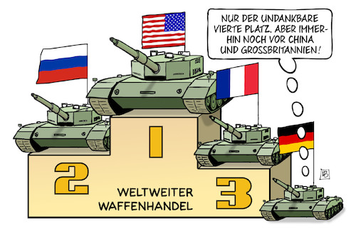 Cartoon: Sipri-Waffenhandel 2020 (medium) by Harm Bengen tagged china,grossbritannien,sipri,waffenhandel,rüstungsexporte,usa,russland,frankreich,deutschland,panzer,podest,undankbarer,vierter,platz,sieger,gewinner,verlierer,harm,bengen,cartoon,karikatur,china,grossbritannien,sipri,waffenhandel,rüstungsexporte,usa,russland,frankreich,deutschland,panzer,podest,undankbarer,vierter,platz,sieger,gewinner,verlierer,harm,bengen,cartoon,karikatur