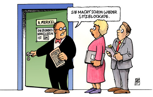 Cartoon: Sitzblockade (medium) by Harm Bengen tagged sitzblockade,merkel,kanzlerin,aussitzen,untätigkeit,regieren,sitzblockade,angela merkel,kanzlerin,aussitzen,untätigkeit,regieren,angela,merkel