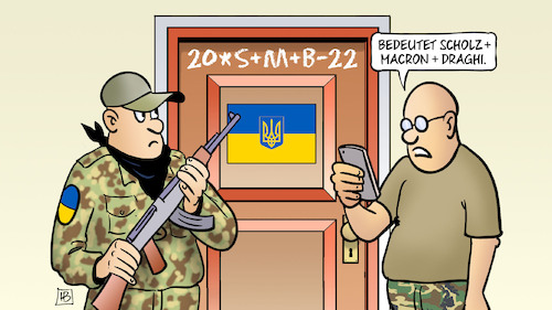 Cartoon: SMD statt CMB (medium) by Harm Bengen tagged heilige,drei,könige,tuer,kreideschrift,reisegruppe,grenze,scholz,macron,draghi,deutschland,frankreich,italien,kiew,krieg,ukraine,russland,harm,bengen,cartoon,karikatur,heilige,drei,könige,tuer,kreideschrift,reisegruppe,grenze,scholz,macron,draghi,deutschland,frankreich,italien,kiew,krieg,ukraine,russland,harm,bengen,cartoon,karikatur