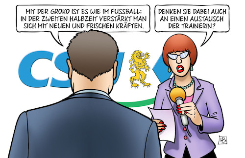 Cartoon: Söders frische Kräfte (medium) by Harm Bengen tagged groko,fußball,csu,söder,interview,zweite,halbzeit,frische,kräfte,austausch,trainerin,merkel,bundeskanzlerin,harm,bengen,cartoon,karikatur,groko,fußball,csu,söder,interview,zweite,halbzeit,frische,kräfte,austausch,trainerin,merkel,bundeskanzlerin,harm,bengen,cartoon,karikatur