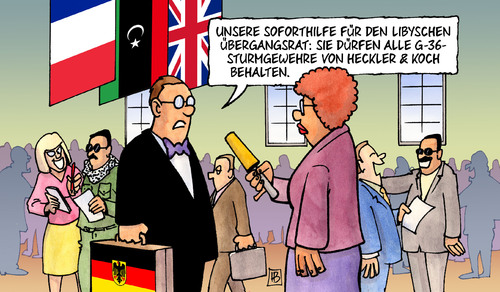 Cartoon: Soforthilfe (medium) by Harm Bengen tagged soforthilfe,libyen,konferenz,paris,krieg,waffen,kontrolle,heckler,koch,gewehre,sturmgewehr,g36,rebellen,revolution,übergangsrat,regierung,soforthilfe,libyen,konferenz,paris,krieg,waffen,kontrolle,heckler,koch,gewehre,sturmgewehr,rebellen,g36,revolution,übergangsrat,regierung