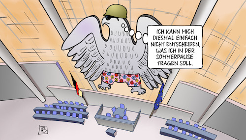 Cartoon: Sommerpause 2022 (medium) by Harm Bengen tagged 2022,sommerpause,bundesadler,adler,bundestag,badehose,stahlhelm,ukraine,russland,harm,bengen,cartoon,karikatur,2022,sommerpause,bundesadler,adler,bundestag,badehose,stahlhelm,ukraine,russland,harm,bengen,cartoon,karikatur