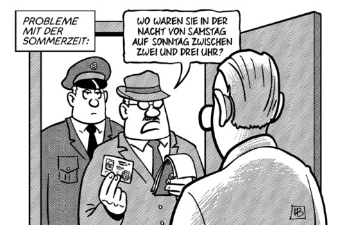 Cartoon: Sommerzeit (medium) by Harm Bengen tagged sommerzeit,uhrzeitumstellung,zeitumstellung,stunde,uhr,polizei,alibi,harm,bengen,cartoon,karikatur