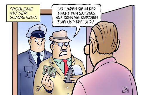 Cartoon: Sommerzeit 2023 (medium) by Harm Bengen tagged sommerzeit,uhrzeitumstellung,zeitumstellung,stunde,uhr,polizei,alibi,harm,bengen,cartoon,karikatur,sommerzeit,uhrzeitumstellung,zeitumstellung,stunde,uhr,polizei,alibi,harm,bengen,cartoon,karikatur