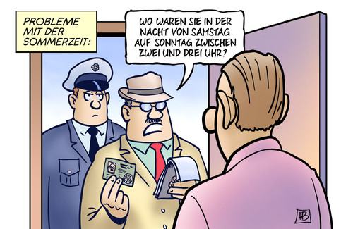 Cartoon: Sommerzeit (medium) by Harm Bengen tagged sommerzeit,uhrzeitumstellung,zeitumstellung,stunde,uhr,polizei,alibi,harm,bengen,cartoon,karikatur,sommerzeit,uhrzeitumstellung,zeitumstellung,stunde,uhr,polizei,alibi,harm,bengen,cartoon,karikatur