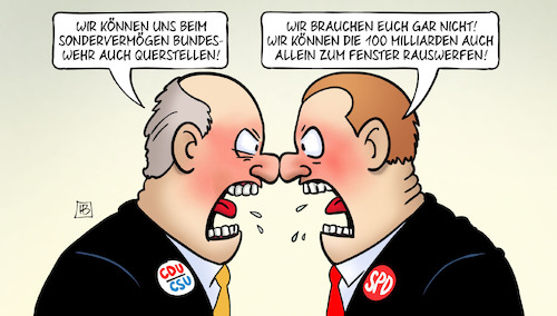 Cartoon: Sondervermögen Bundeswehr (medium) by Harm Bengen tagged sondervermögen,bundeswehr,querstellen,100,zum,fenster,rauswerfen,streit,cdu,csu,spd,russland,ukraine,krieg,harm,bengen,cartoon,karikatur,sondervermögen,bundeswehr,querstellen,100,zum,fenster,rauswerfen,streit,cdu,csu,spd,russland,ukraine,krieg,harm,bengen,cartoon,karikatur