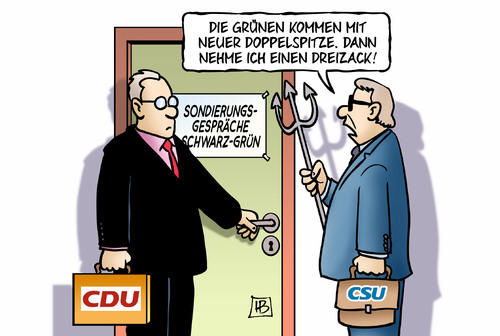 Cartoon: Sondierung Schwarz-Grün (medium) by Harm Bengen tagged doppelspitze,dreizack,dobrindt,sondierung,sondierungsgespräche,parteien,gegner,verhandeln,koalition,merkel,bundeskanzlerin,spd,grüne,cdu,csu,linke,fdp,bundestag,2013,wahl,bundestagswahl,ergebnis,harm,bengen,cartoon,karikatur,doppelspitze,dreizack,dobrindt,sondierung,sondierungsgespräche,parteien,gegner,verhandeln,koalition,merkel,bundeskanzlerin,spd,grüne,cdu,csu,linke,fdp,bundestag,2013,wahl,bundestagswahl,ergebnis,harm,bengen,cartoon,karikatur