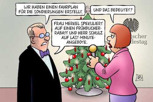 Cartoon: Sondierungsfahrplan (medium) by Harm Bengen tagged sondierungsfahrplan,sondierungen,groko,koalition,merkel,frühbucherrabatt,schulz,last,minute,angebote,spd,cdu,csu,interview,weihnachten,harm,bengen,cartoon,karikatur,sondierungsfahrplan,sondierungen,groko,koalition,merkel,frühbucherrabatt,schulz,last,minute,angebote,spd,cdu,csu,interview,weihnachten,harm,bengen,cartoon,karikatur