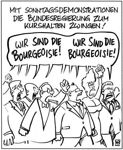 Cartoon: Sonntagsdemonstration (medium) by Harm Bengen tagged sonntagsdemonstration,montagsdemonstration,volk,bourgeoisie,kapital,geld,besserverdienende,reichtum,besitz,regierung,zwingen