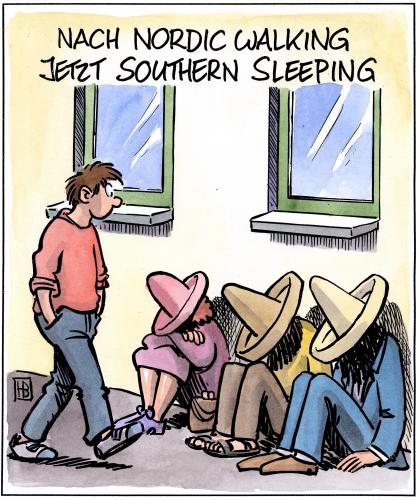 Cartoon: Southern Sleeping (medium) by Harm Bengen tagged nordic walking,sport,fitness,trend,schlafen,süden,norden,himmelsrichtung,erholung,pause,laufen,nickerchen,siesta,mexiko,sombrero,nordic,walking