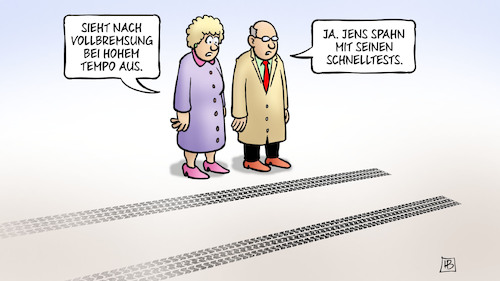 Cartoon: Spahn-Vollbremsung (medium) by Harm Bengen tagged vollbremsung,tempo,reifenspuren,jens,spahn,schnelltests,corona,harm,bengen,cartoon,karikatur,vollbremsung,tempo,reifenspuren,jens,spahn,schnelltests,corona,harm,bengen,cartoon,karikatur