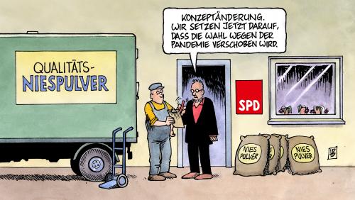 Cartoon: SPD-Konzept Pandemie (medium) by Harm Bengen tagged spd,konzept,pandemie,wahl,wahlkampf,steinmeier,kanzlerkandidat,chancen,umfragewerte,schweinegrippe,virus,niesen,grippe,lieferung,niespulver,spd,konzept,pandemie,wahl,wahlkampf,steinmeier,kanzlerkandidat,chancen,umfragewerte,schweinegrippe,virus,niesen,grippe,lieferung,umfrage,gesundheit,wahlen