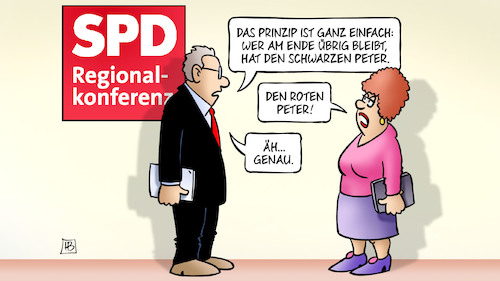 Cartoon: SPD-Regionalkonferenzen (medium) by Harm Bengen tagged spd,regionalkonferenzen,vorsitz,prinzip,schwarzer,peter,roter,harm,bengen,cartoon,karikatur,spd,regionalkonferenzen,vorsitz,prinzip,schwarzer,peter,roter,harm,bengen,cartoon,karikatur