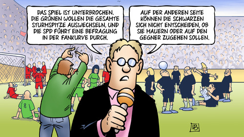 Cartoon: Spielunterbrechung (medium) by Harm Bengen tagged spiel,unterbrochen,sturmspitze,auswechseln,befragung,mitgliederentscheid,fankurvefussball,schwarze,mauern,gegner,verhandeln,koalition,merkel,bundeskanzlerin,spd,gruene,cdu,csu,linke,fdp,bundestag,2013,wahl,bundestagswahl,ergebnis,harm,bengen,cartoon,karikatur,spiel,unterbrochen,sturmspitze,auswechseln,befragung,mitgliederentscheid,fankurvefussball,schwarze,mauern,gegner,verhandeln,koalition,merkel,bundeskanzlerin,spd,gruene,cdu,csu,linke,fdp,bundestag,2013,wahl,bundestagswahl,ergebnis,harm,bengen,cartoon,karikatur